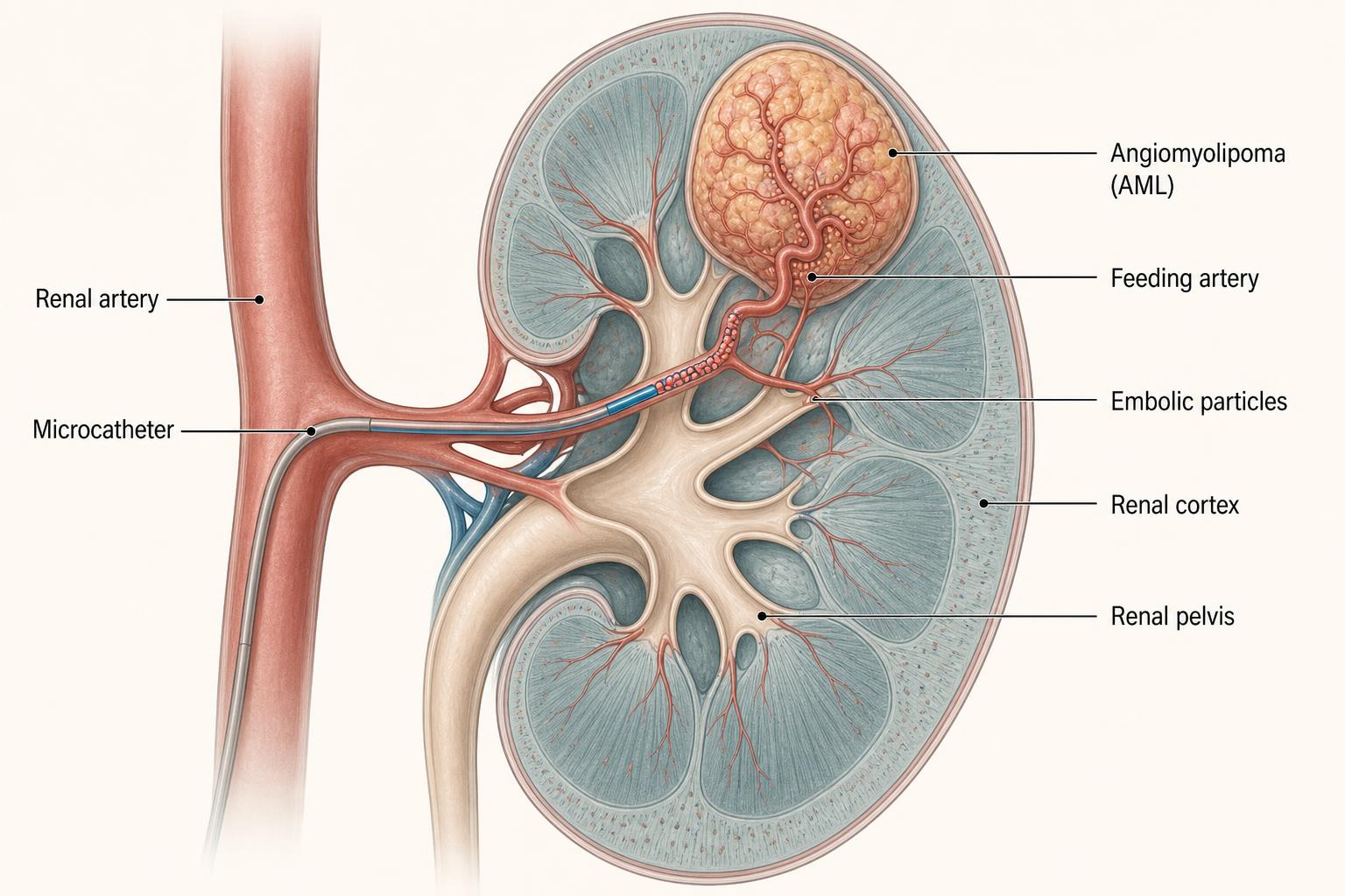 Renal embolization angiogram before and after blocking blood flow to a kidney angiomyolipoma (AML) through a pinhole catheter