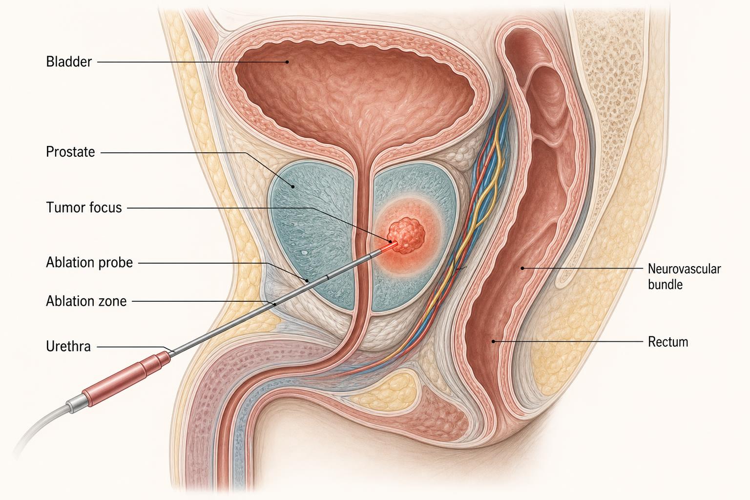 Focal therapy ablation probe positioned in the prostate under MRI/ultrasound fusion guidance, sparing the urethra and neurovascular bundles