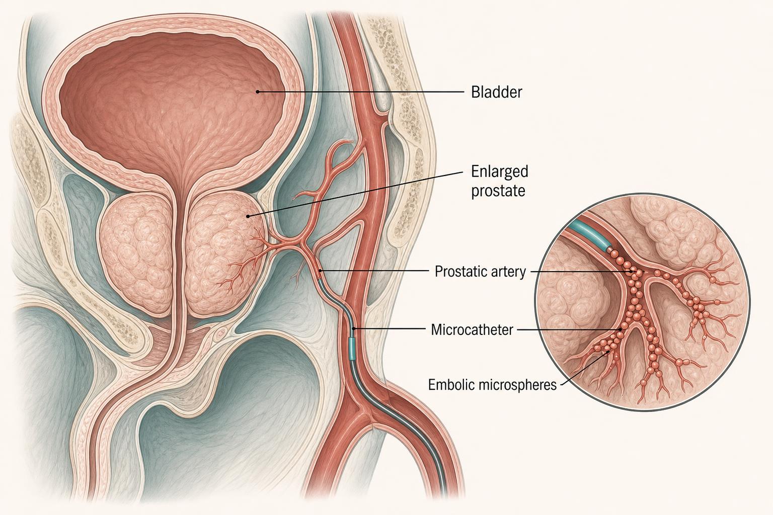Prostate artery embolization (PAE) microcatheter delivering embolic particles into a selective prostatic artery angiogram for BPH
