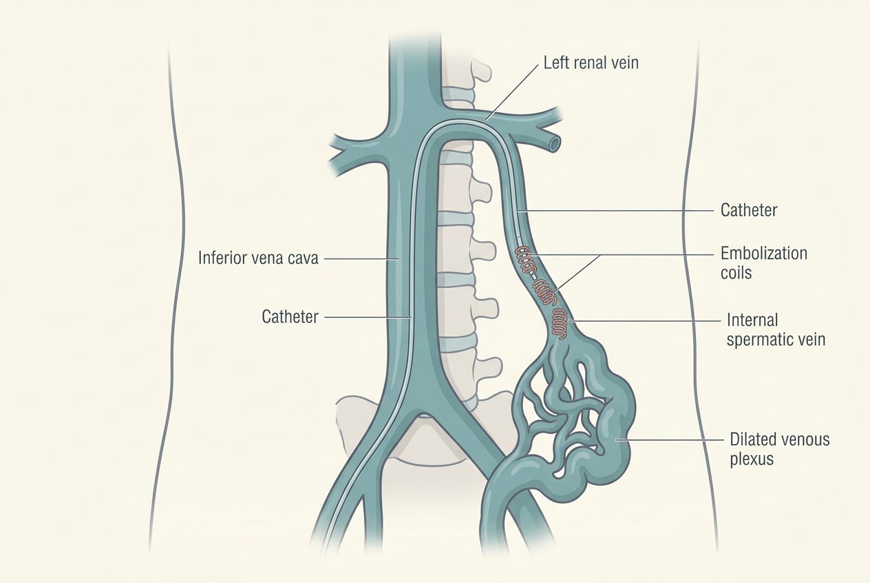 Varicocele embolization venogram with coils sealing the internal spermatic vein through a pinhole catheter, no incision